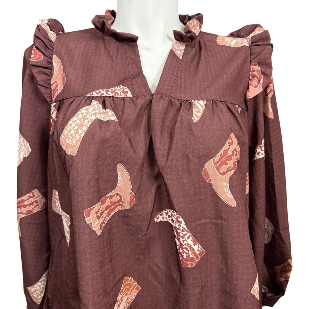 Fantastic Fawn Blouse Size L Brown with Boot Print - Picture 2 of 9
